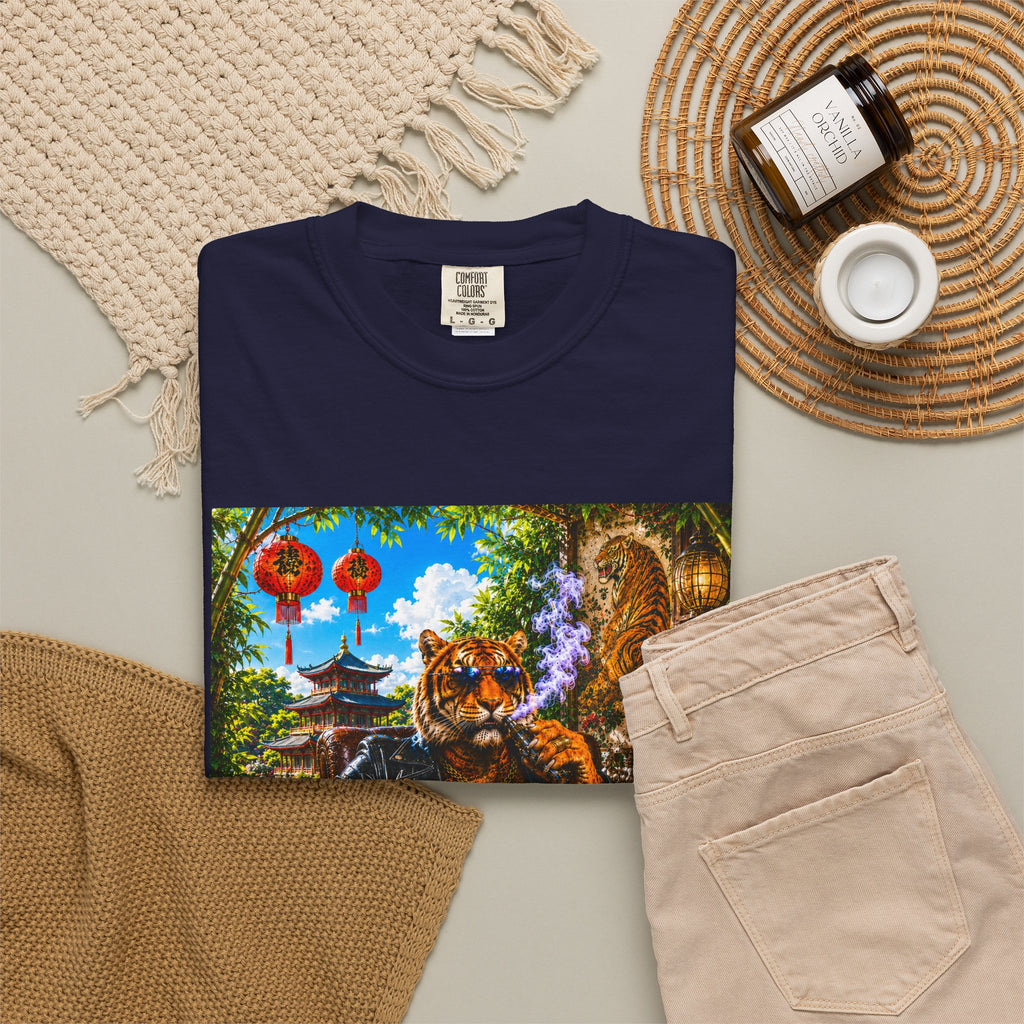 Tiger Lounge Graphic T-Shirt — Relaxed Retro Tiger Smoking Design