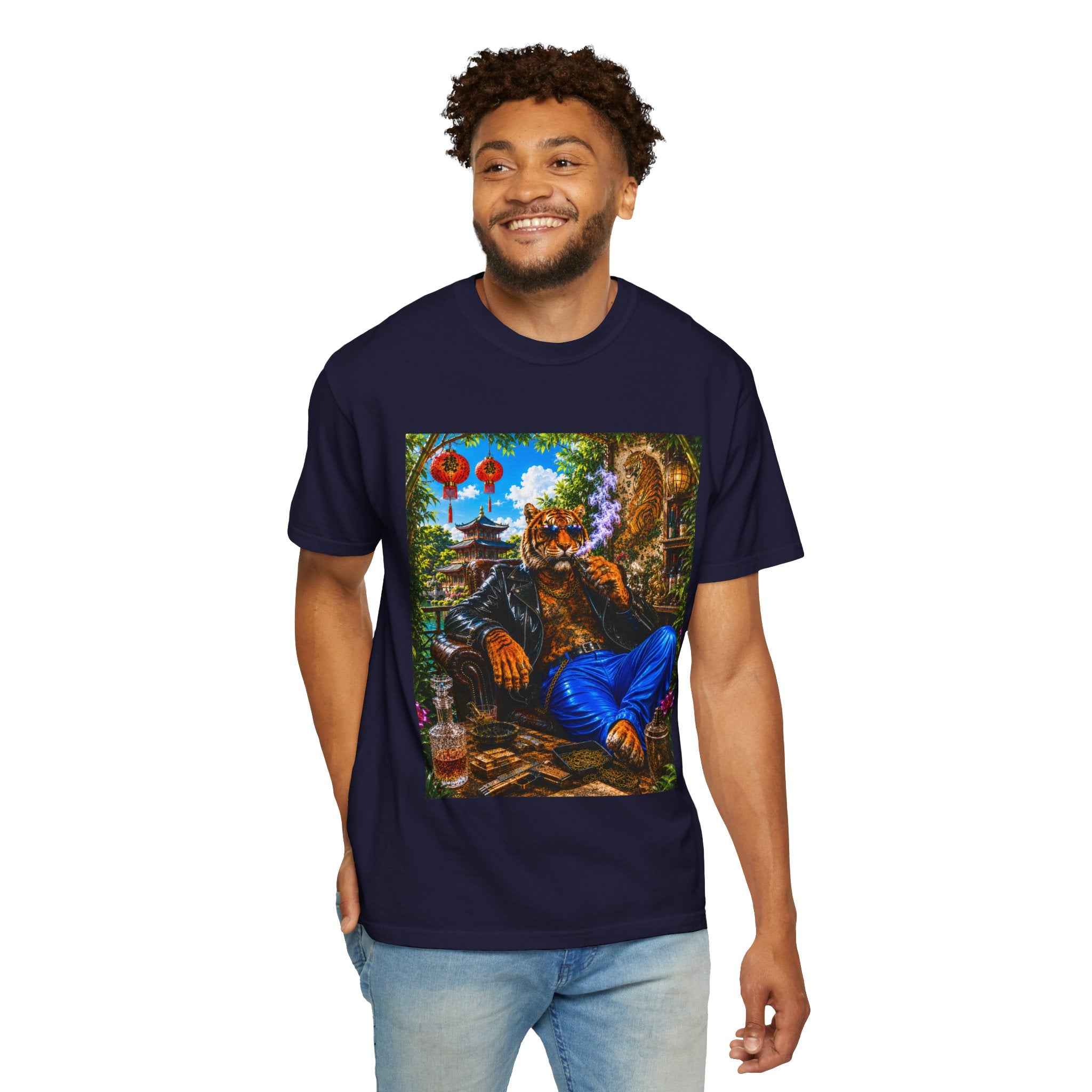 Tiger Lounge Graphic T-Shirt — Relaxed Retro Tiger Smoking Design