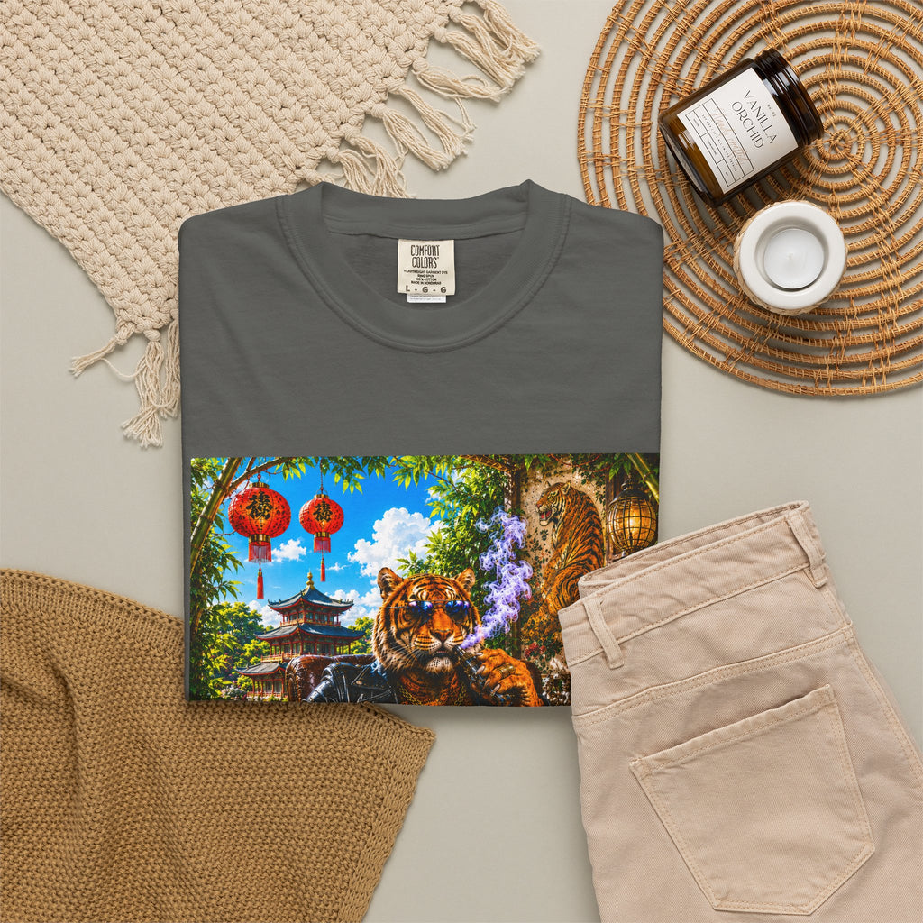 Tiger Lounge Graphic T-Shirt — Relaxed Retro Tiger Smoking Design