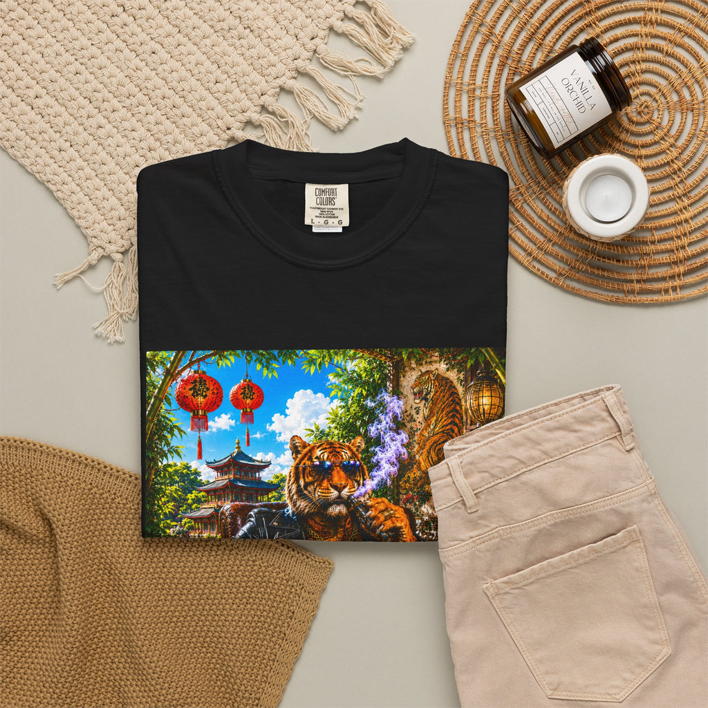 Tiger Lounge Graphic T-Shirt — Relaxed Retro Tiger Smoking Design