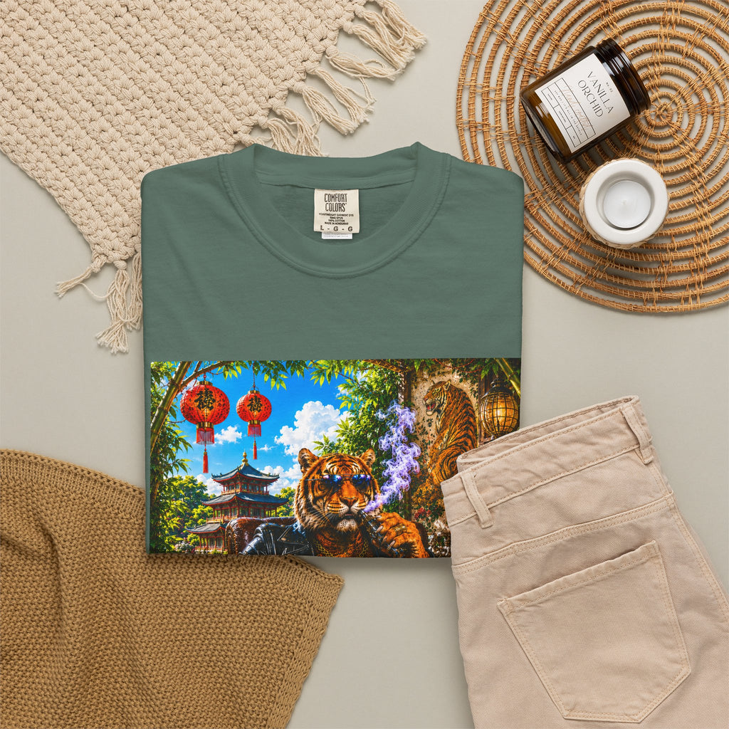 Tiger Lounge Graphic T-Shirt — Relaxed Retro Tiger Smoking Design