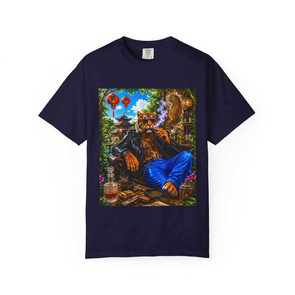 Tiger Lounge Graphic T-Shirt — Relaxed Retro Tiger Smoking Design